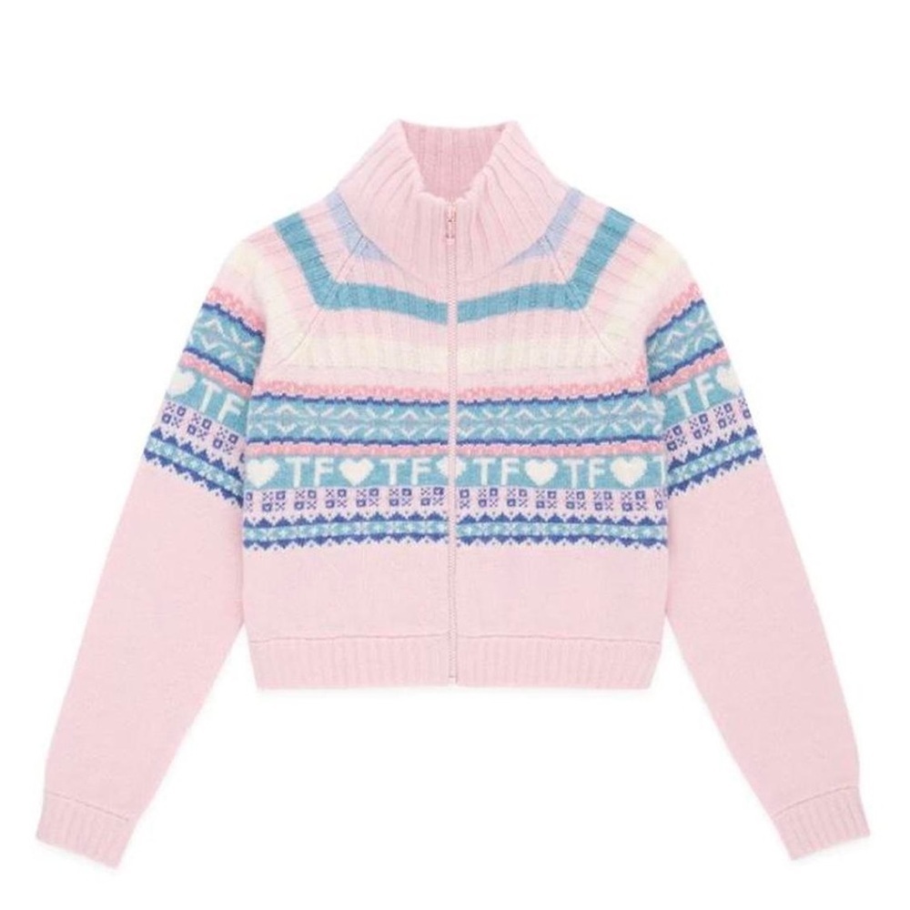 Teddy Fresh Merino Wool Blend Pink Fairisle Full Zip Knit Cardigan Sweater XL‎